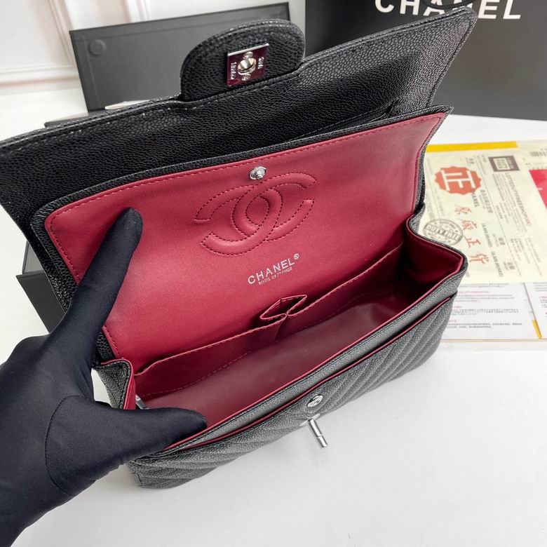 CN Chevron Classic Handbag Silver Hardware Black For Women