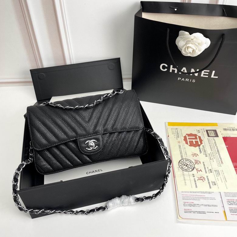 CN Chevron Classic Handbag Silver Hardware Black For Women CN Chevron Classic Handbag Silver Hardware Black For Women