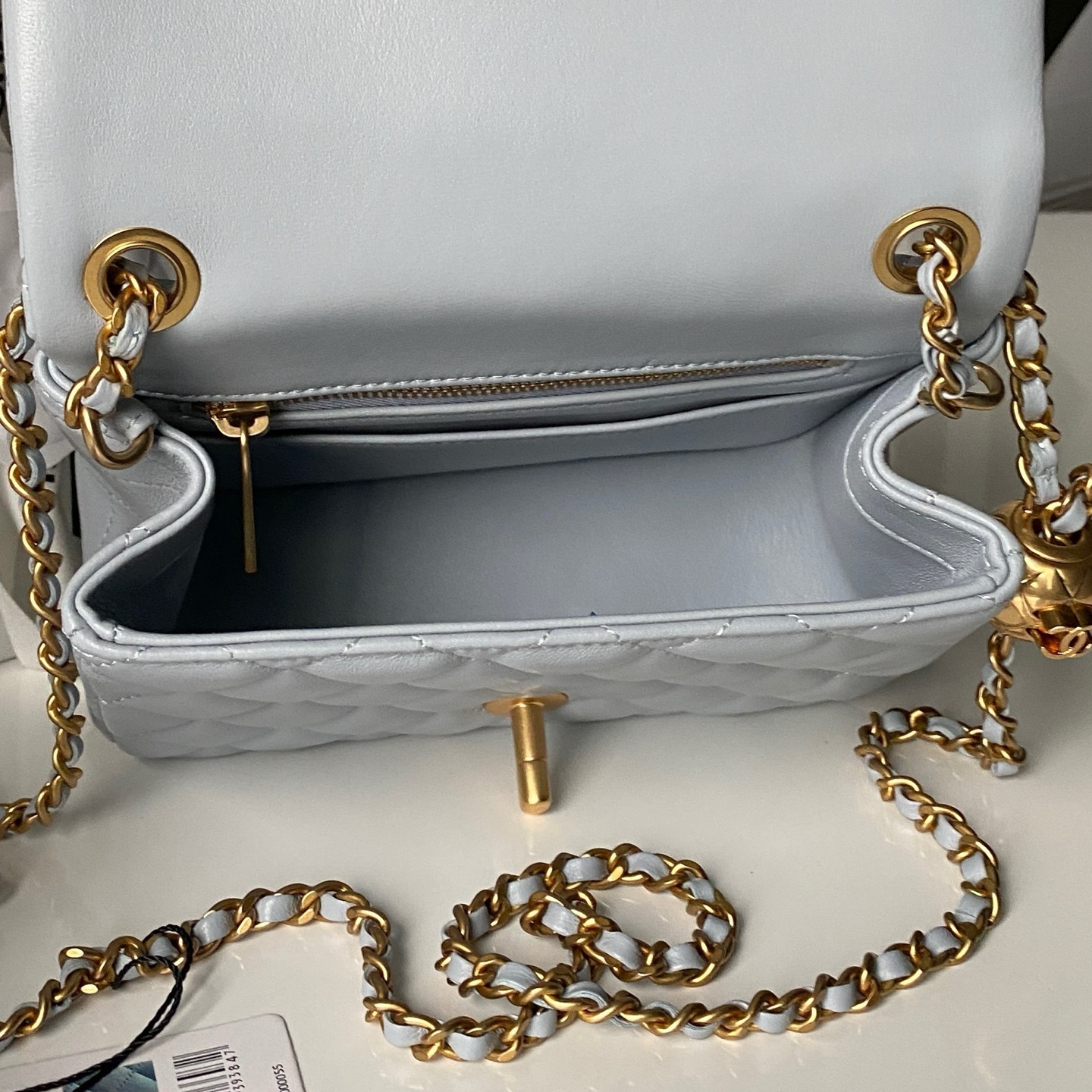 CN Classic Flap With Charm Chain With CC Details On Strap Bag Gold Hardware Grey CN Classic Flap With Charm Chain With CC Details On Strap Bag Gold Hardware Grey