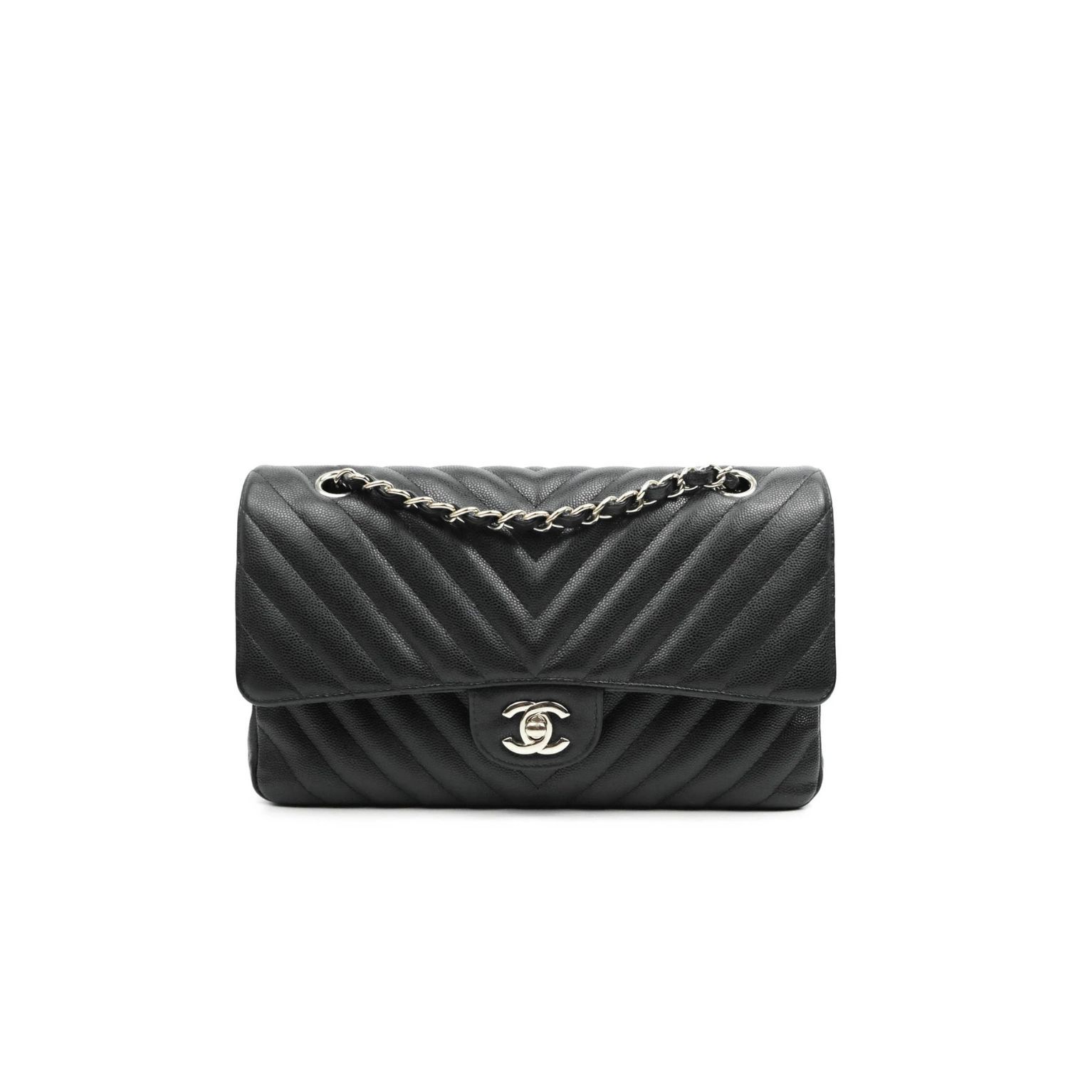 CN Chevron Classic Handbag Silver Hardware Black For Women
