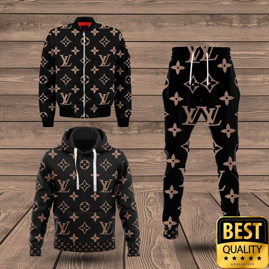 Luxury Louis Vuitton Black With Light Brown Monogram Canvas Pattern 3D Shirt And Pants 144