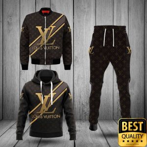 Luxury Louis Vuitton Dark Brown With Gold Diagonal Lines 3D Shirt And Pants 161