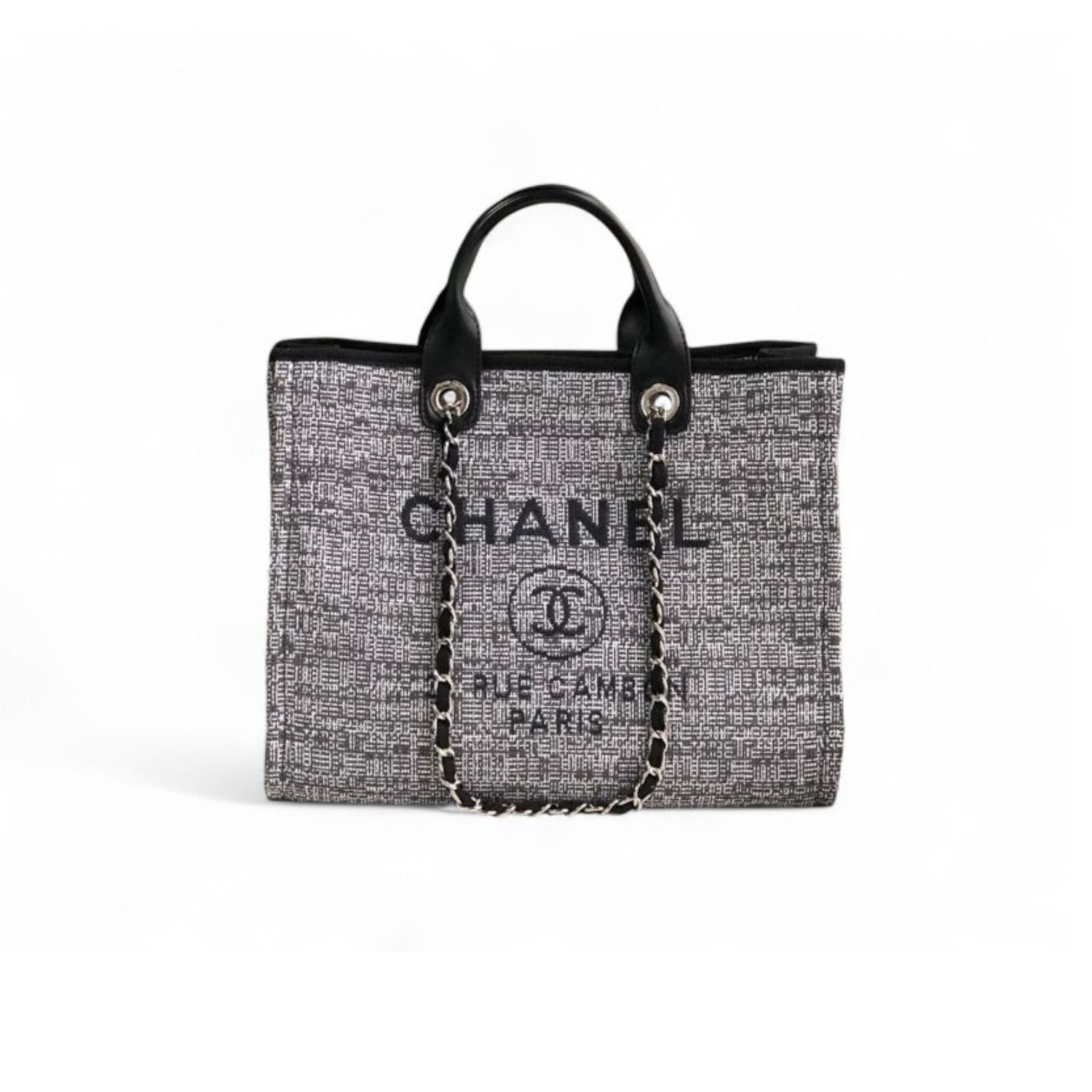 CN Deauville Tote Bag in Raffia Canvas, Black/White for Women