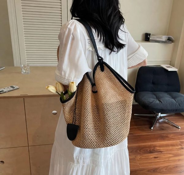 Straw Tote Bag Woven Shoulder Bag – Large Beach Handbag with Leather Trim – Boho Summer Tote B008
