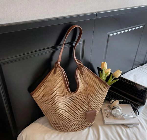Straw Tote Bag Woven Shoulder Bag – Large Beach Handbag with Leather Trim – Boho Summer Tote B008